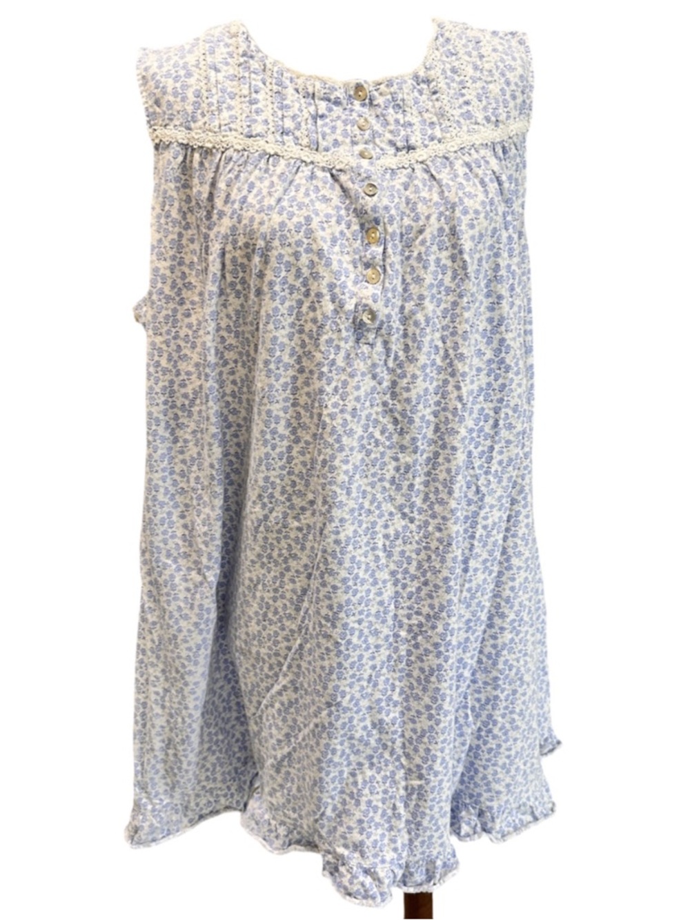 Eileen West Sleeveless Nightgown Blue Floral Lace Trim Cotton Knit S